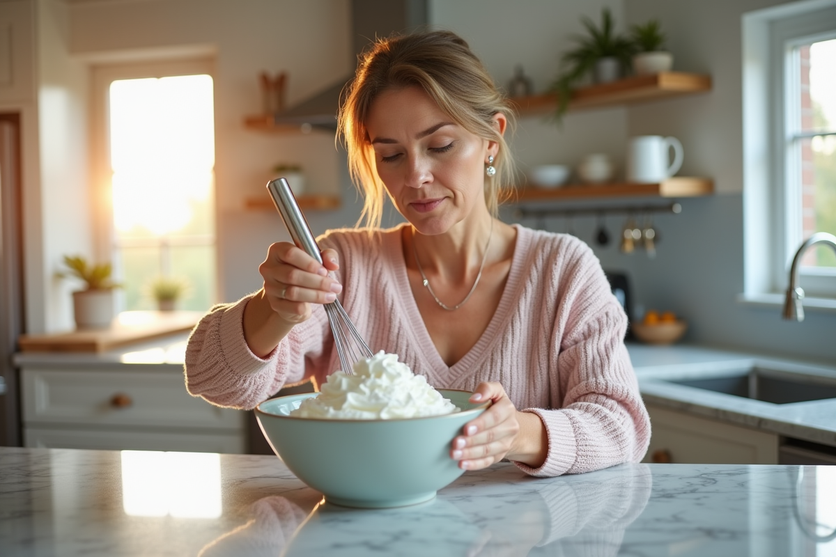 Femme en pastel fouettant la creme dans la cuisine
