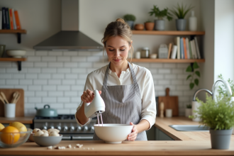 Femme en cuisine utilisant un batteur électrique blanc