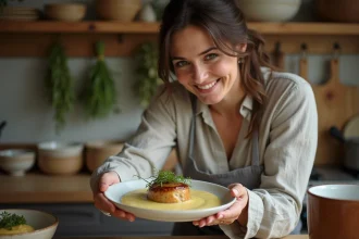 Femme souriante dressant un plat de veau paupiette dans une cuisine chaleureuse