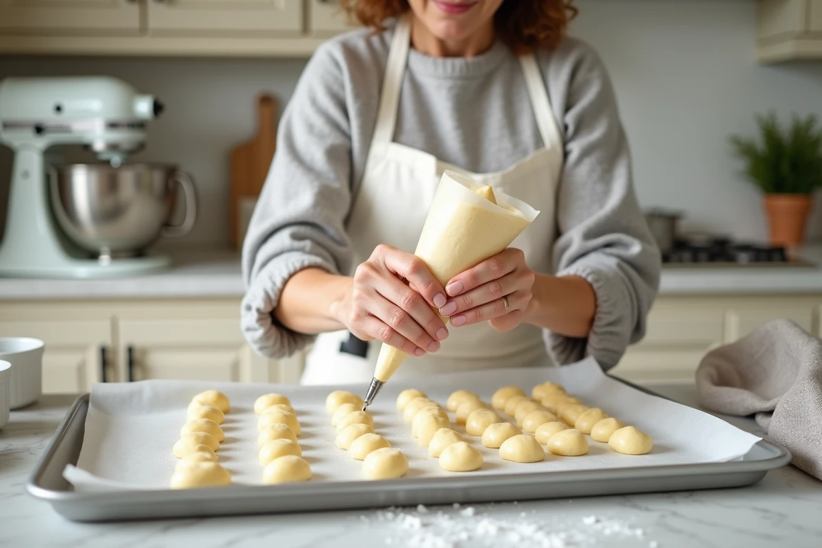 Femme en tablier blanc pochant des biscuits cuillère sur une plaque de cuisson dans une cuisine familiale lumineuse