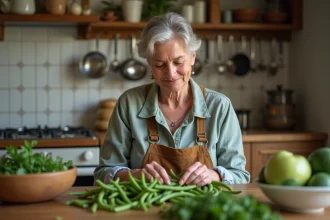 Femme en cuisine préparant des fèves fraîches dans un cadre rustique