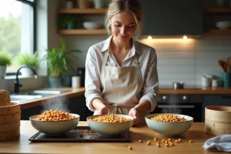 Femme en cuisine préparant des pois chiches dans trois bols