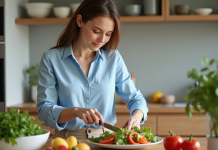 Femme en cuisine préparant une salade colorée