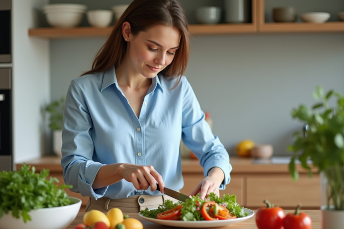 Femme en cuisine préparant une salade colorée