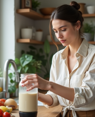 Femme en cuisine préparant un shake maison avec ingrédients frais