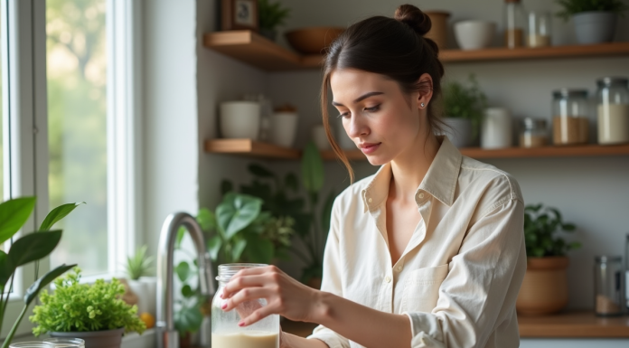 Femme en cuisine préparant un shake maison avec ingrédients frais