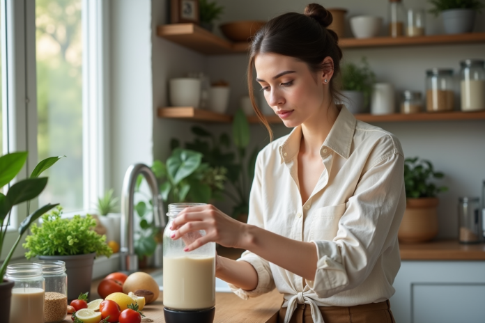 Femme en cuisine préparant un shake maison avec ingrédients frais