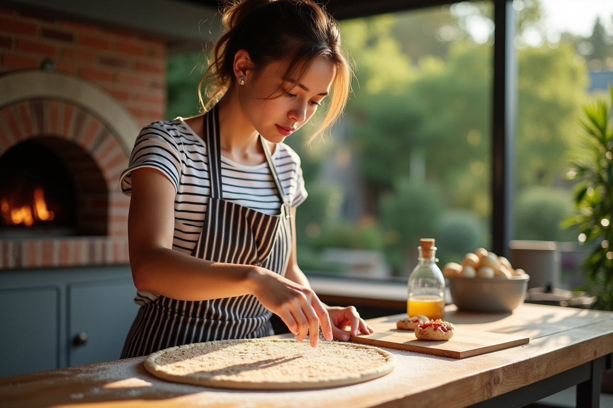 Jeune femme saupoudre semoule sur une pelle à pizza en extérieur