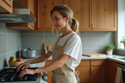Femme réglant le thermostat d'un four moderne à 200 degrés dans une cuisine domestique chaleureuse