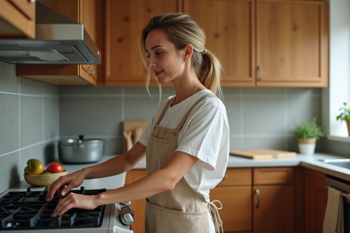 Femme réglant le thermostat d'un four moderne à 200 degrés dans une cuisine domestique chaleureuse
