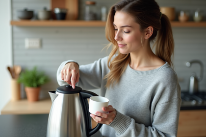 Femme versant du vinaigre dans une bouilloire électrique moderne