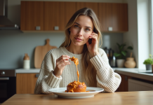 Repas qui fait le plus grossir : quelle est la journée idéale pour le consommer ? Femme dégustant un plat copieux dans une cuisine moderne