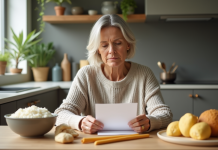 Femme réfléchissant à un menu sain dans la cuisine