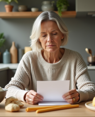 Femme réfléchissant à un menu sain dans la cuisine