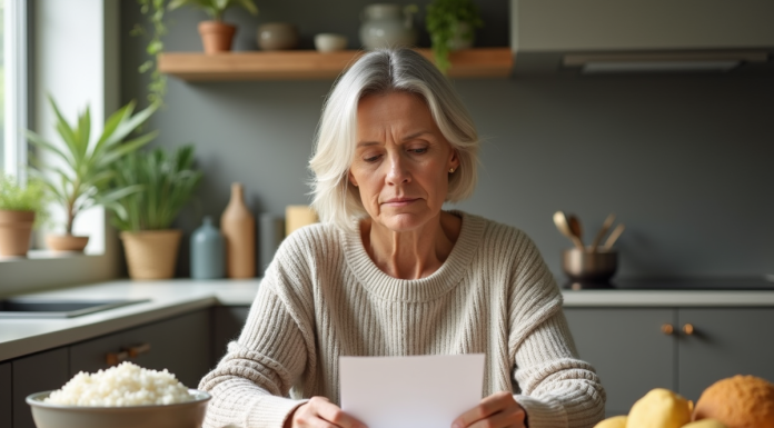 Femme réfléchissant à un menu sain dans la cuisine
