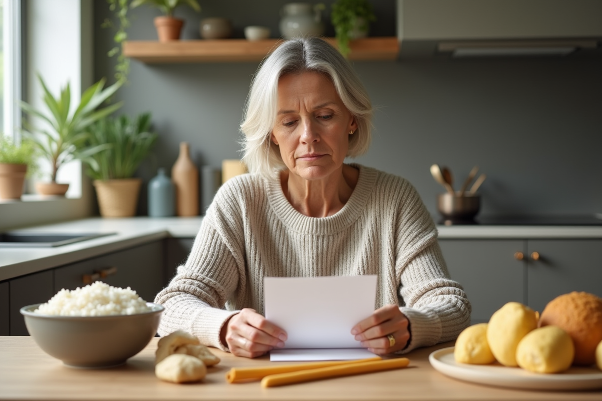 Femme réfléchissant à un menu sain dans la cuisine