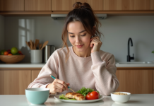 Femme en cuisine vérifiant son journal alimentaire