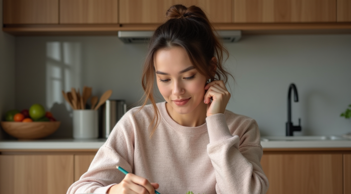 Femme en cuisine vérifiant son journal alimentaire