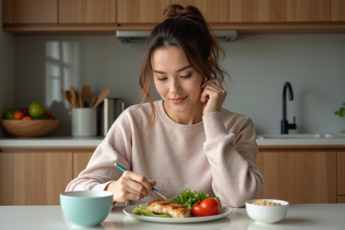 femme-repas-sante Femme en cuisine vérifiant son journal alimentaire