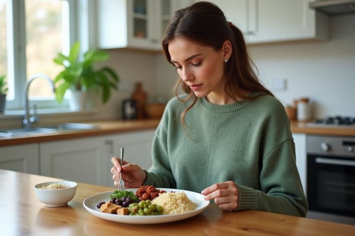 Jeune femme mangeant un repas végétal sain à la maison