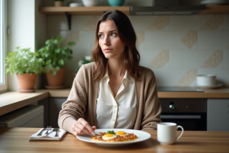 Femme pensive à la table de cuisine pour l'article {titre}