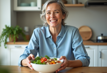 Maigrir : découvrez le plat le plus efficace pour perdre du poids ! Femme souriante préparant une salade colorée dans une cuisine moderne