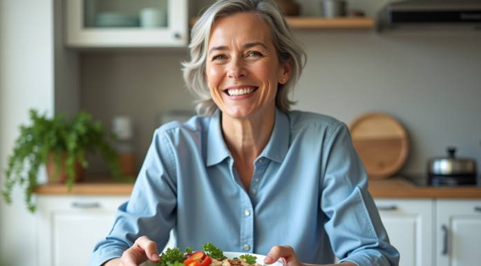 Femme souriante préparant une salade colorée dans une cuisine moderne