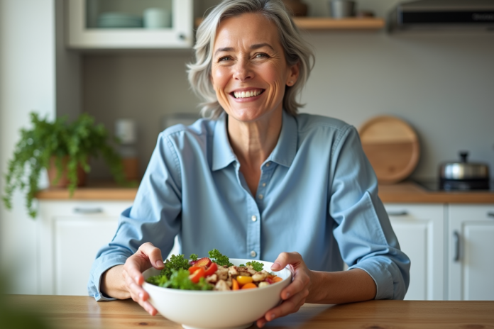 femme-salade-cuisine-modernes Femme souriante préparant une salade colorée dans une cuisine moderne