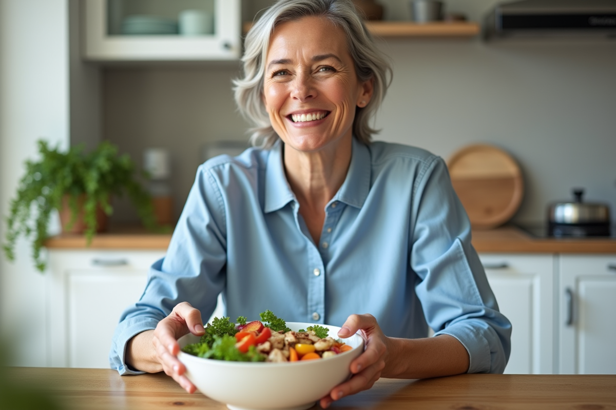 Femme souriante préparant une salade colorée dans une cuisine moderne