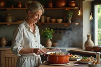 Femme française servant un cassoulet dans une cuisine chaleureuse