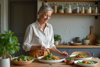 Femme souriante servant un repas végétal dans une maison chaleureuse