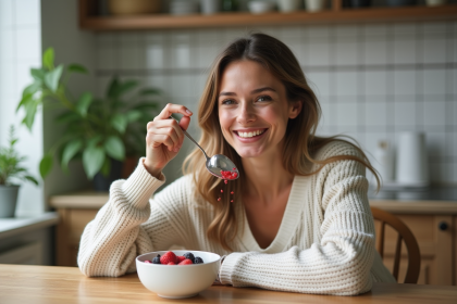 Femme souriante dégustant un yogourt aux fruits dans la cuisine