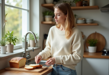 Pain cétogène et prise de poids : Faux ou réalité ? Femme en cuisine tranchant du pain keto avec réflexion