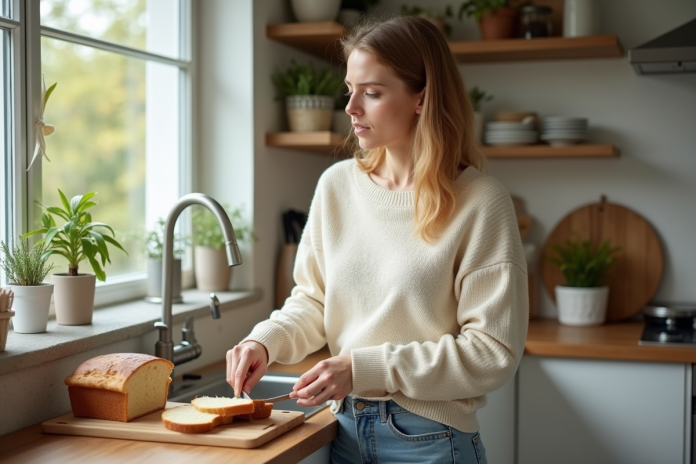 femme-tranchant-keto-pain-cuisine Femme en cuisine tranchant du pain keto avec réflexion
