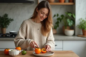 Femme en cuisine tranchant un persimmon dans un cadre chaleureux