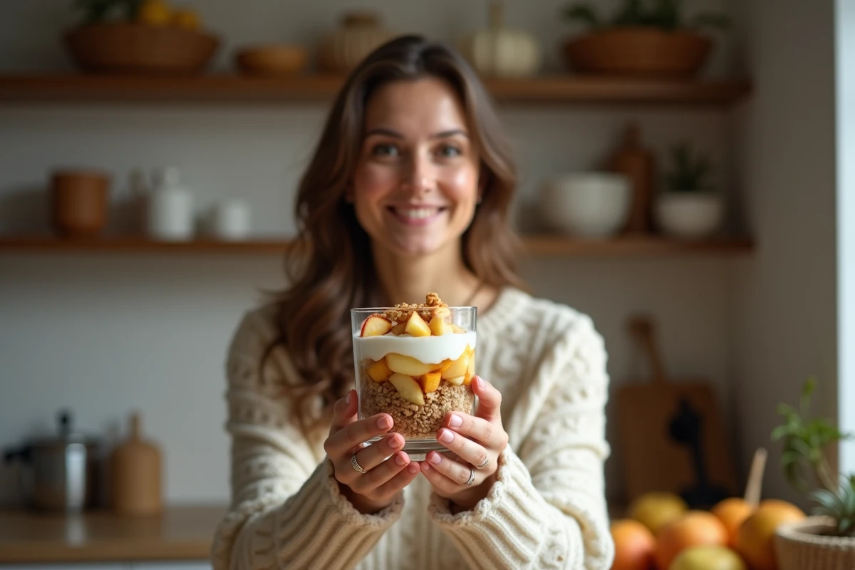 Femme tenant une verrine de dessert léger aux pommes et yaourt grec dans une cuisine chaleureuse en automne