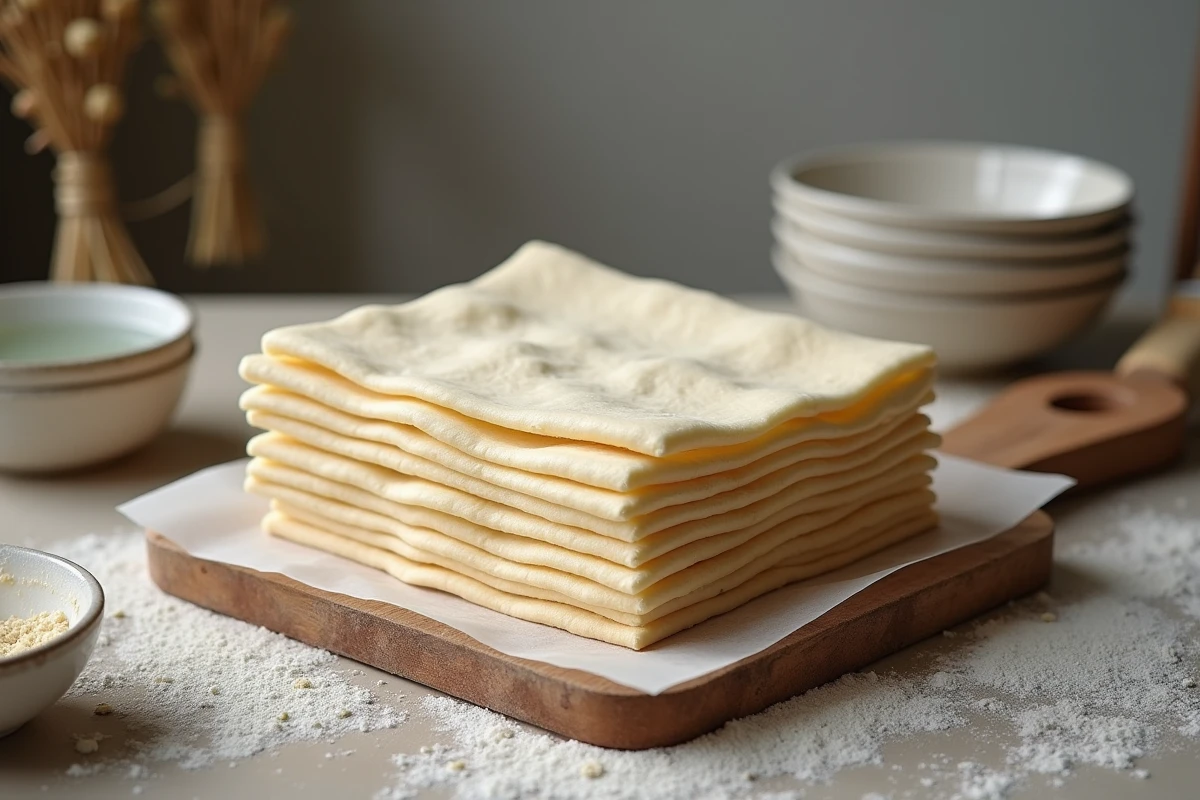Pile de feuilles de brick faites maison empilées entre du papier sulfurisé sur une planche en bois, avec semoule et pinceau à pâtisserie