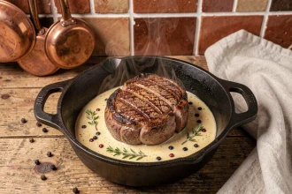 Filet mignon en cocotte avec sauce moutarde crémeuse et thym frais dans une cocotte en fonte sur table en bois rustique