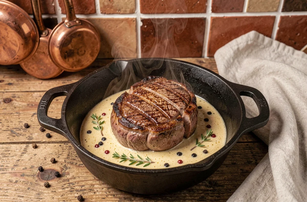 Filet mignon en cocotte avec sauce moutarde crémeuse et thym frais dans une cocotte en fonte sur table en bois rustique