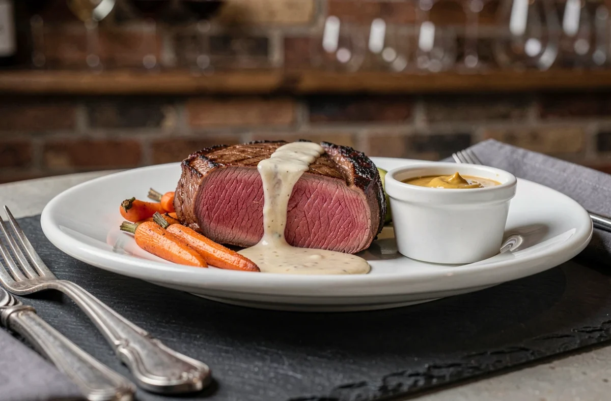 Filet mignon tranché rosé servi sur assiette blanche avec sauce moutarde et carottes rôties dans un cadre bistrot