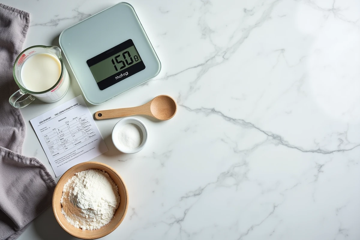 Vue de dessus d'une balance numérique affichant 150g à côté d'un verre doseur de lait à 15cl, avec une fiche de conversion manuscrite sur marbre blanc