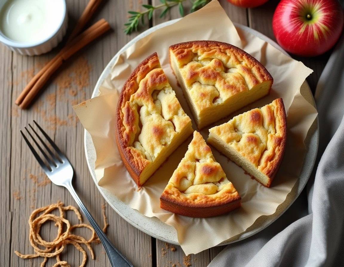 Vue de dessus flat-lay de tranches de gâteau au yaourt aux pommes sur papier sulfurisé avec accessoires de cuisine rustiques