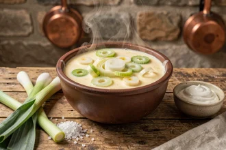 Fondue de poireaux crémeuse dans un caquelon rustique avec des poireaux frais sur une table en bois