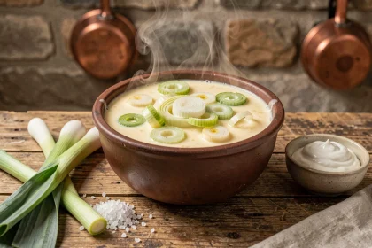 Fondue de poireaux crémeuse dans un caquelon rustique avec des poireaux frais sur une table en bois