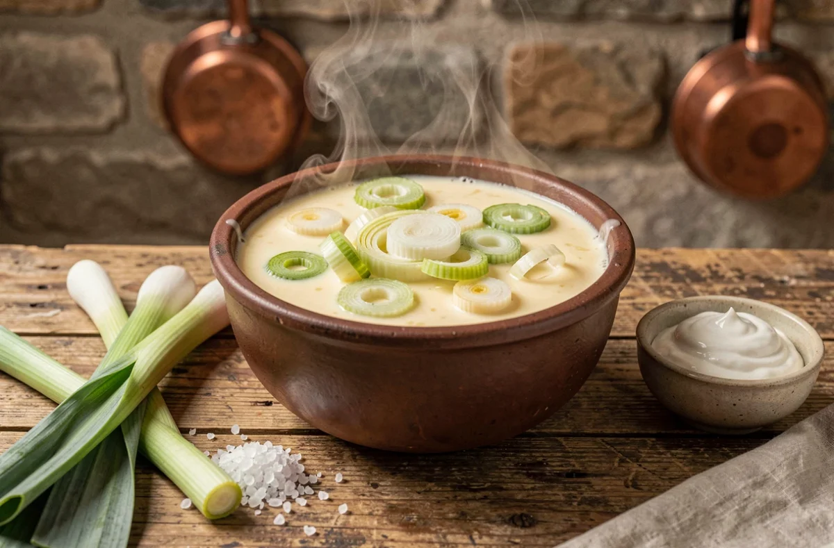 Fondue de poireaux crémeuse dans un caquelon rustique avec des poireaux frais sur une table en bois