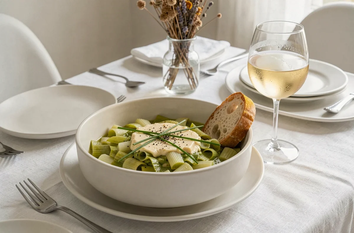 Bol de fondue de poireaux élégamment dressé sur une table de repas avec baguette et vin blanc