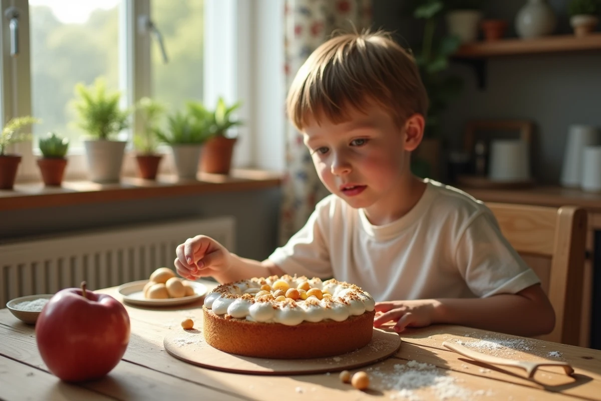 Garcon de dix ans atteignant une part de gateau dans la salle à manger