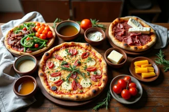Assortiment de garnitures originales pour pizza disposées sur une table en bois rustique