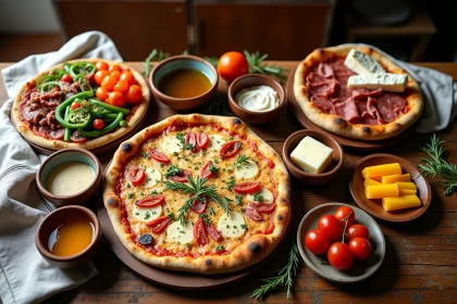 Assortiment de garnitures originales pour pizza disposées sur une table en bois rustique