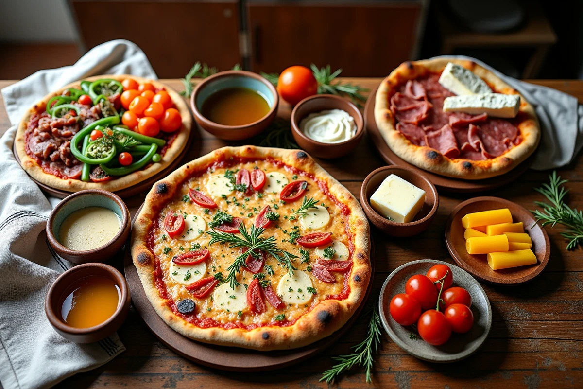 Assortiment de garnitures originales pour pizza disposées sur une table en bois rustique